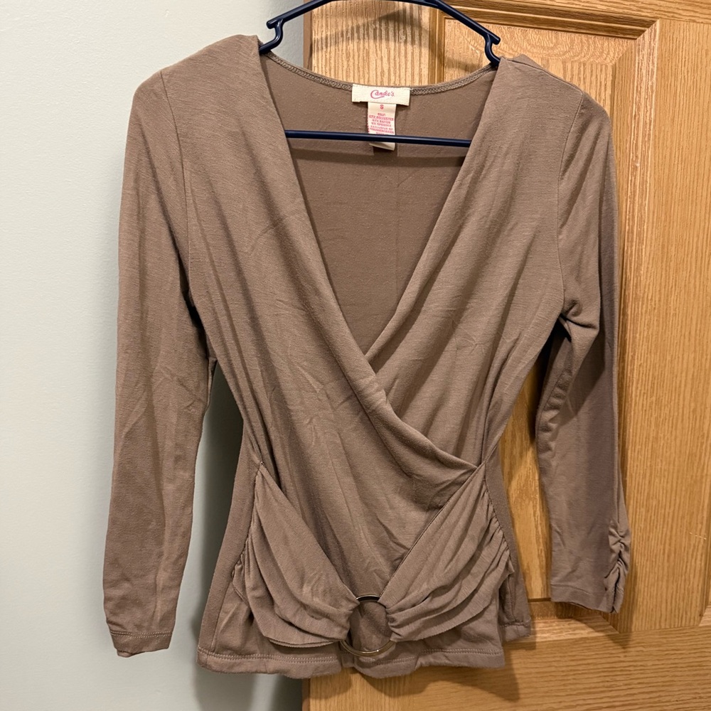 Taupe Brown Wrap-Front Ring Detail Top